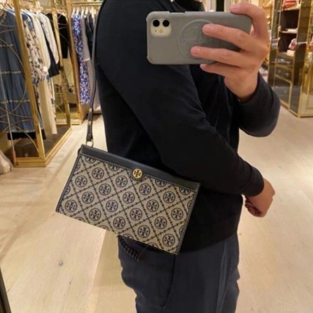 NWT! NEW! Tory Burch T Monogram Jacquard Mini Pouchette Navy 2 in 1 Shoulder Bag - Picture 14 of 16